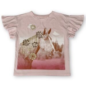 The Children’s Place Girls M Pink Gold Glitter Sequin Horse Flutter Sleeve Tee